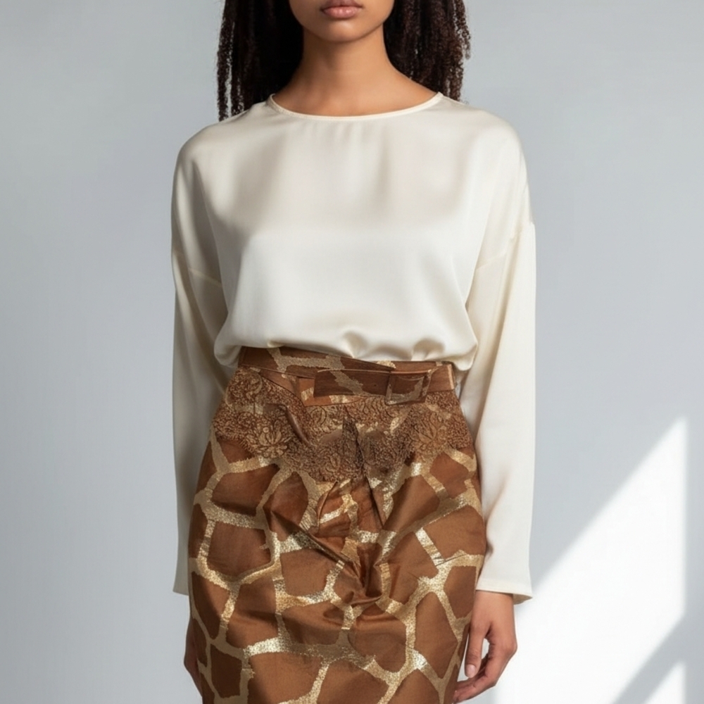 St John Couture Giraffe Print Lace-up Belted Skirt Size 8
